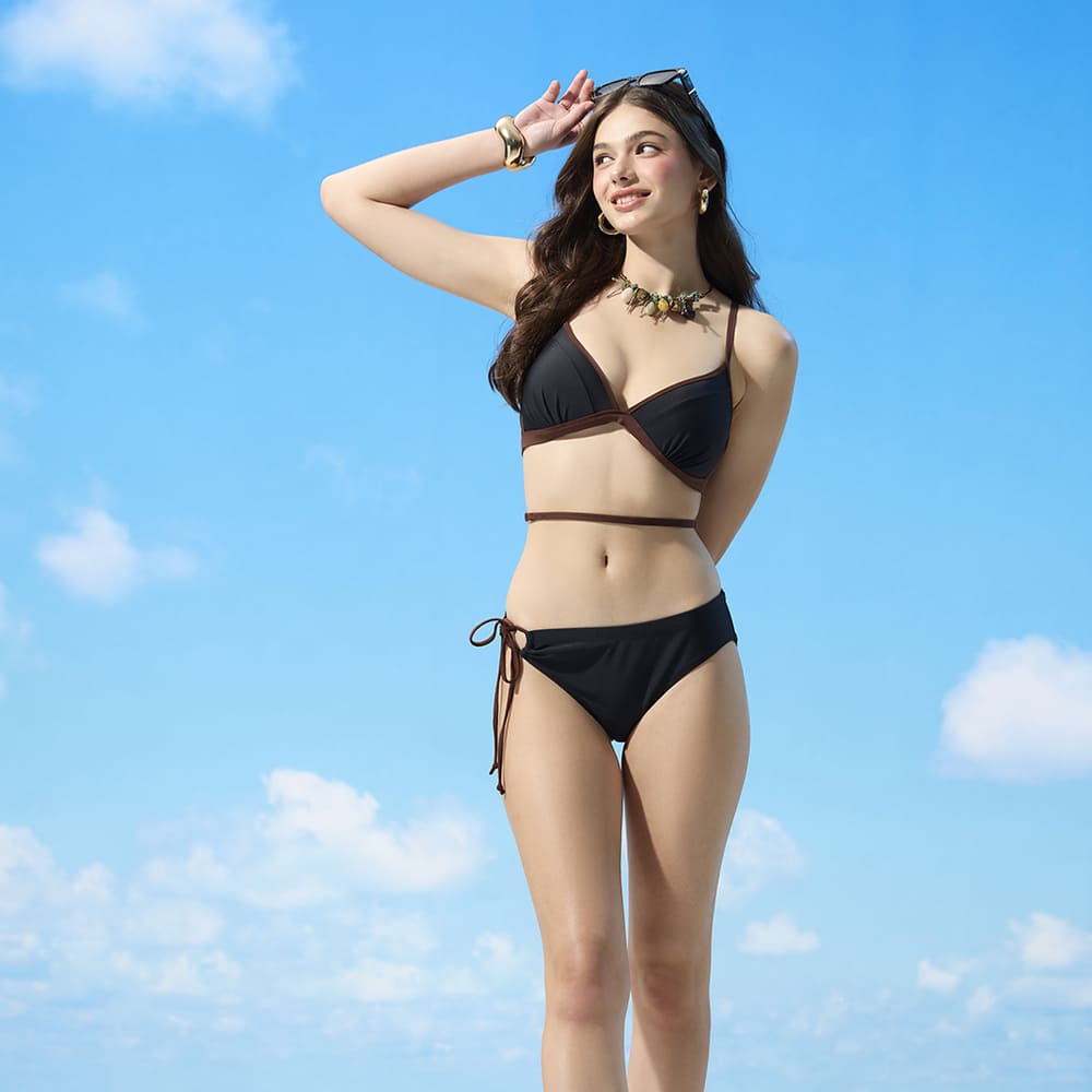 莫妮娜 台灣製 二件式比基尼泳裝 年度限量款 固定式罩杯 咖啡黑, , large