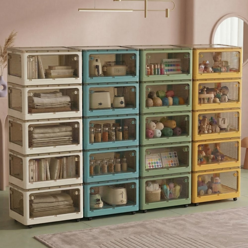 【AOTTO】45L升級加厚款五開門可疊加折疊收納箱-藍色5入(AL-250B), , large