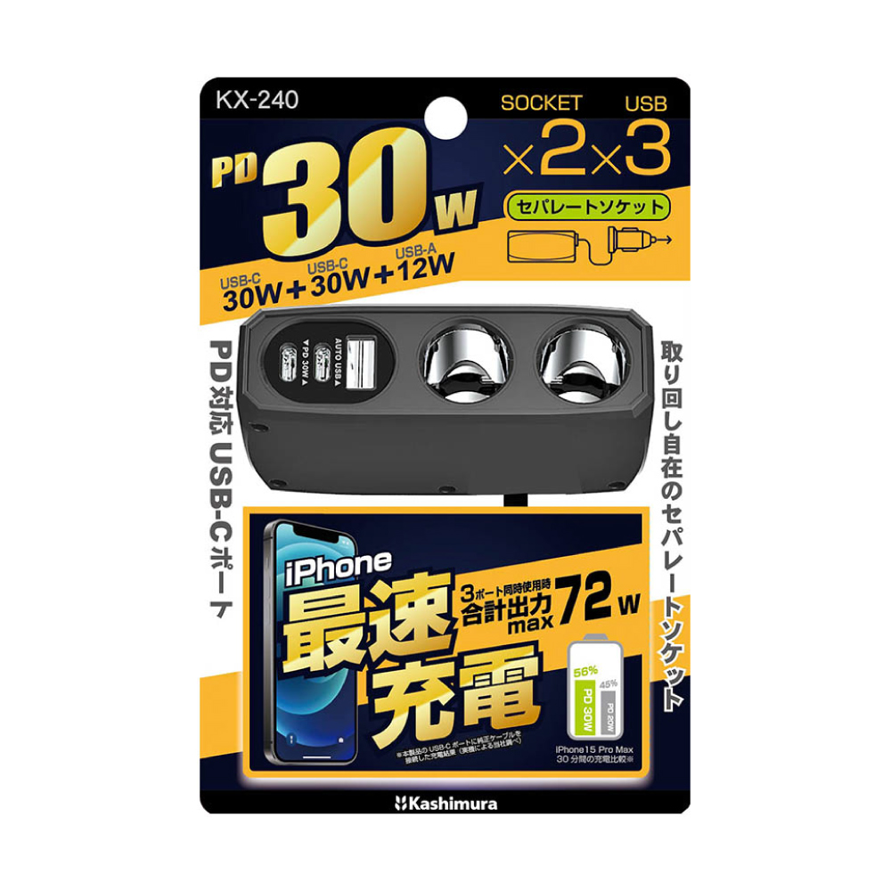 Kashimura雙孔電源插座+QC+2PD快充30W, , large