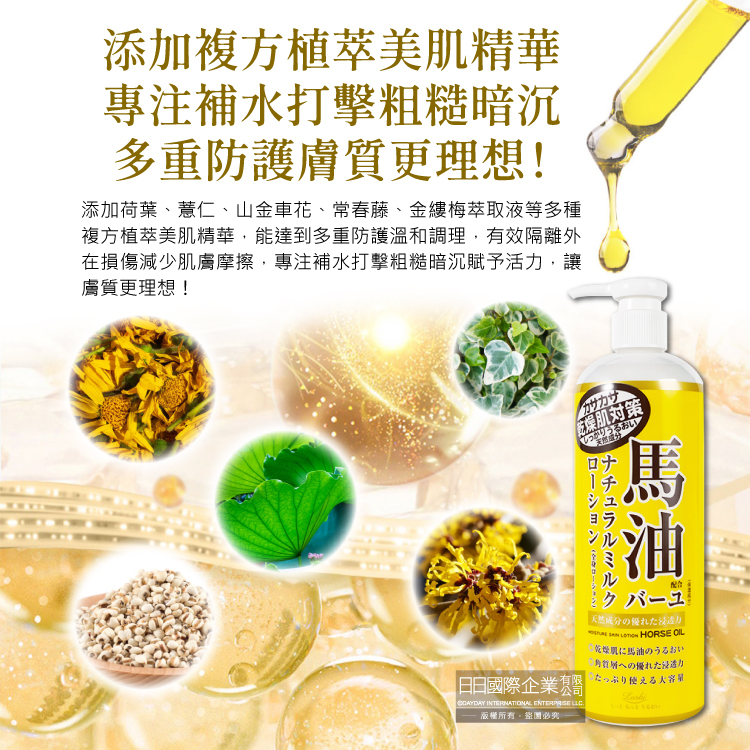 [日日好物]日本LOSHI-馬油植萃保水潤澤軟化角質護膚保濕身體乳液按壓瓶485ml/黃瓶(滋潤肌膚萬用霜,多效護理精華油,美體保養乳霜), , large