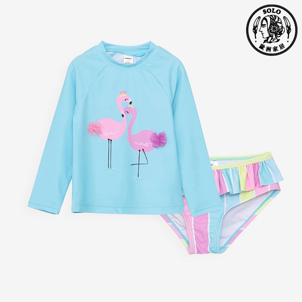 【SOLO Vintage】LCW Girls Flamingo Bikini Long Sleeve Set Swim Suit Made in Turkey 9-12m, , large