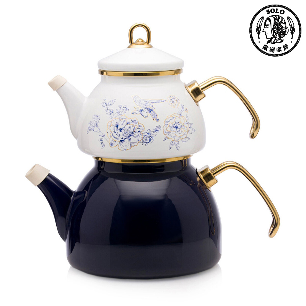 【SOLO Vintage】LCW Home Blue Porcelain Flower Enamel Kettle Sub Teapot Set Made in Turkey 1.1L + 2.3L, , large