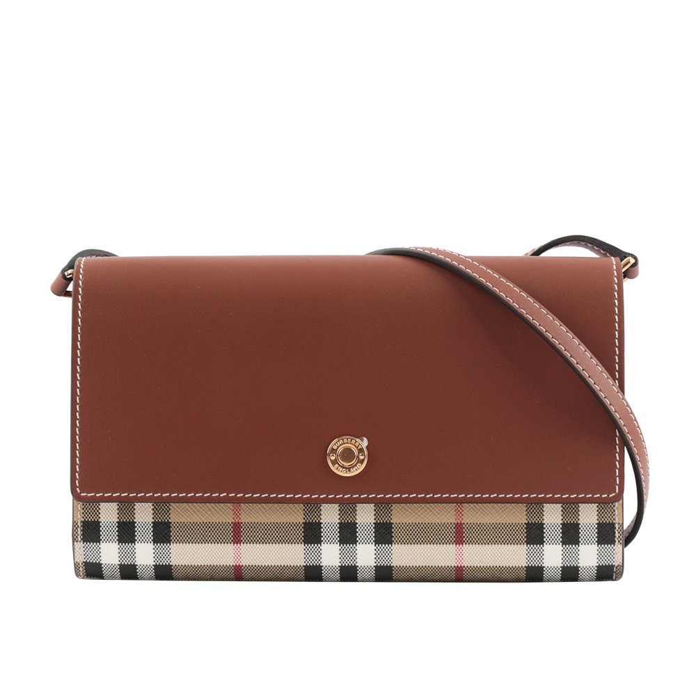 BURBERRY 經典格紋拼牛皮皮夾式斜背包/經典米色/焦糖色