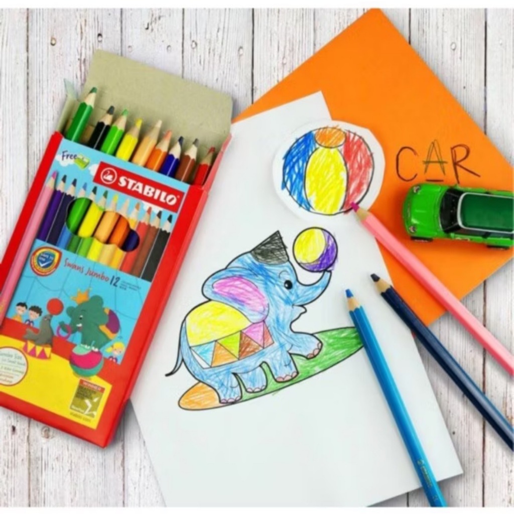 【德國天鵝STABILO】Swans Jumbo 特大油性色鉛筆 兒童適用 筆芯不易斷 好握好畫12色(ST1877J), , large