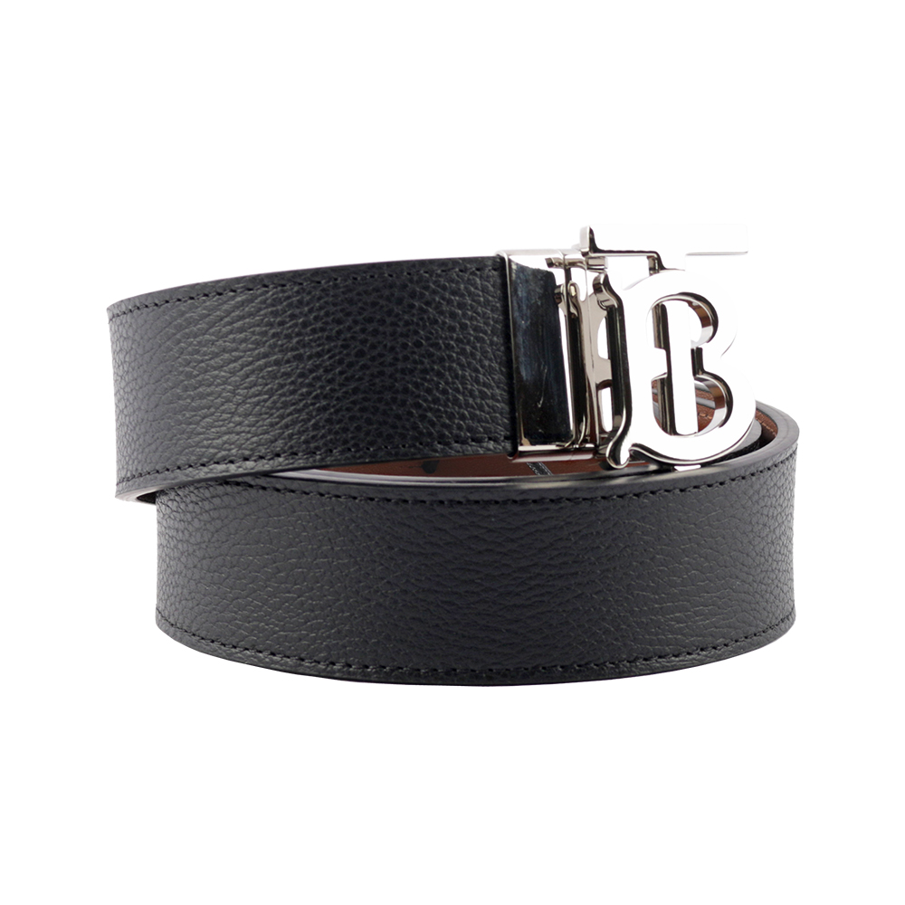 BURBERRY 銀色Logo 牛皮及平滑皮革雙面可用皮帶 95cm/黑色/棕褐色, , large