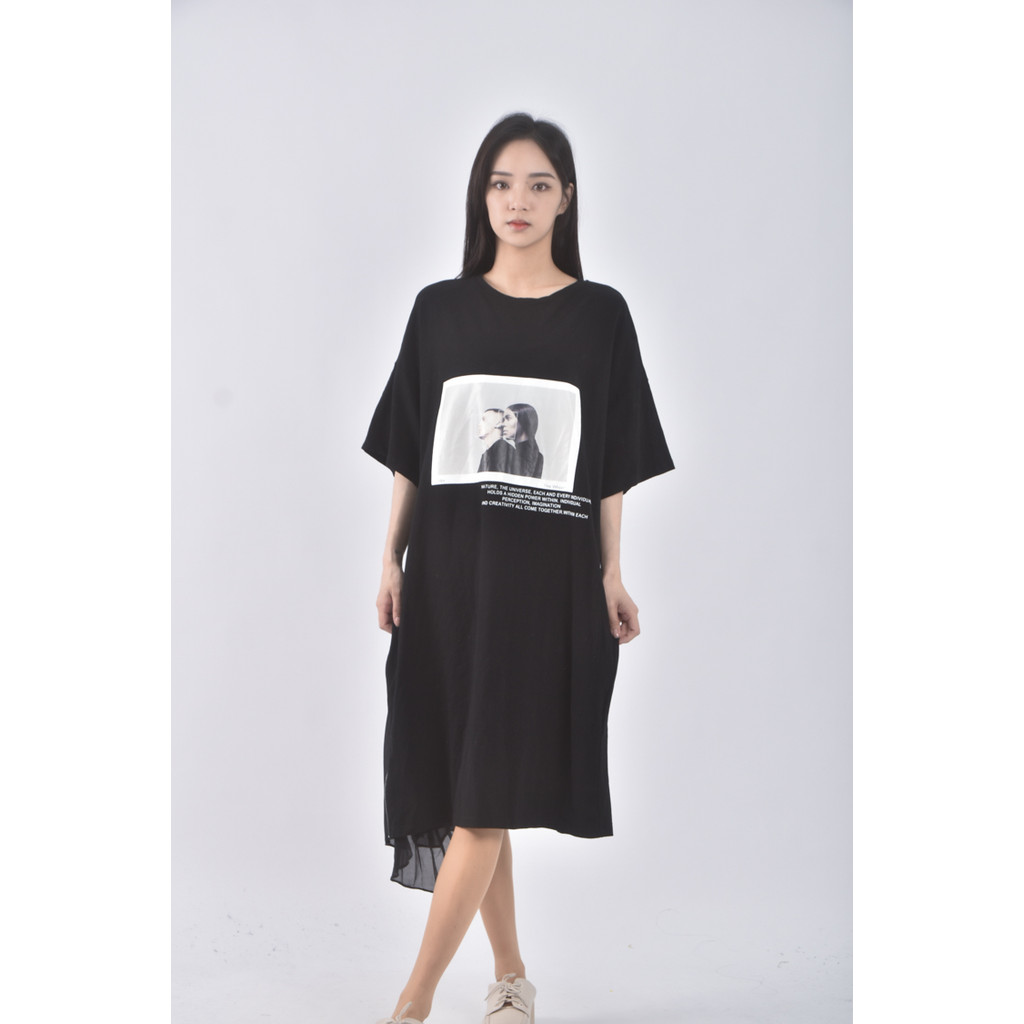 (L) s deer質感棉質印花黑色洋裝二手衣, , large