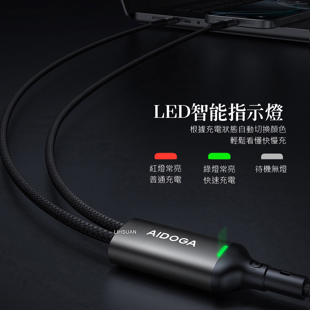 AIDOGA艾迪伽 LQ DC4191爵士系列PD一分二智能快充數據線C to C+Apple Watch全系列 線長1.5M, , large