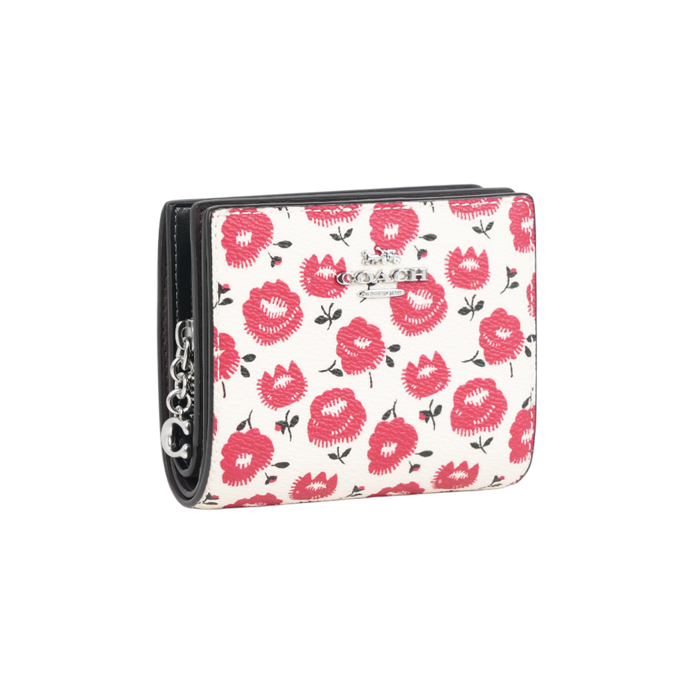 COACH C Logo 拉鍊花卉圖案塗層帆布暗釦二折短夾(紅色), , large