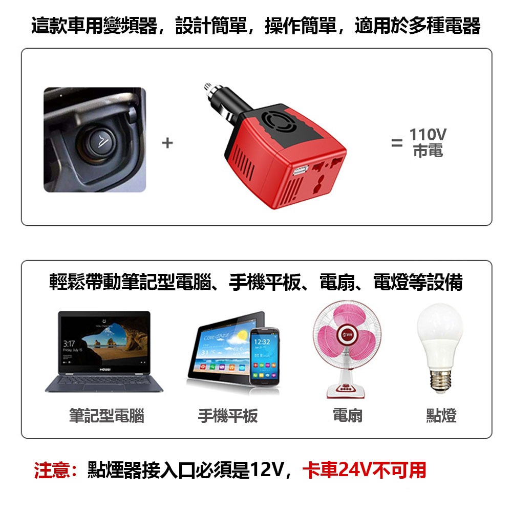 車用插座150W變壓器12v轉110v-USB2.1黑邊, , large