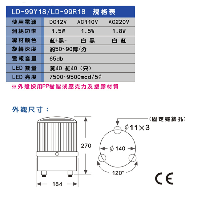 昌運監視器 LD-99R18 AC110V 大型LED警報旋轉燈 (含L鍍鋅鐵板支架及蜂鳴器), , large