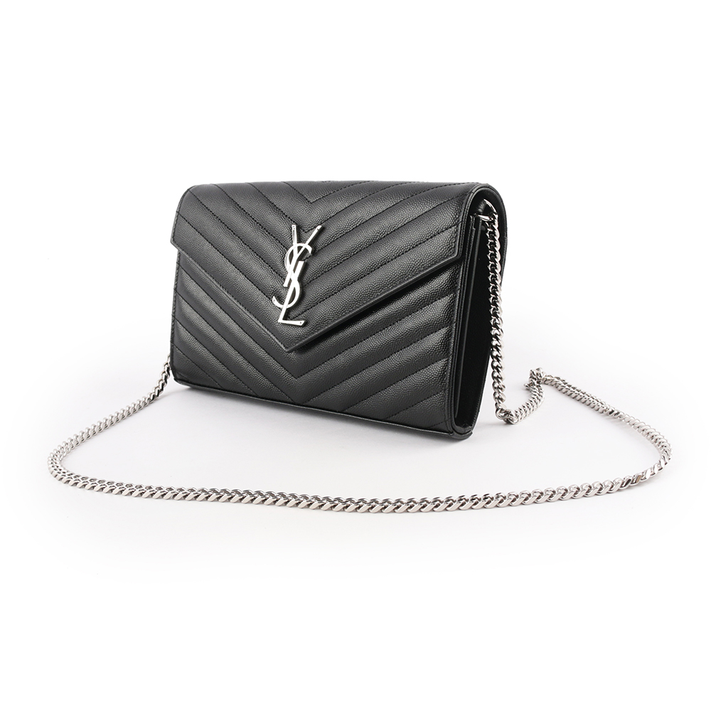 YSL V紋荔枝皮銀色LOGO WOC 斜背包/黑色, , large