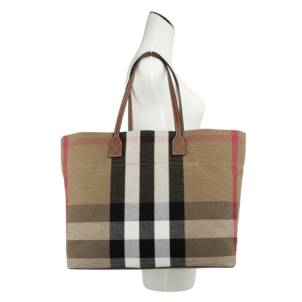 BURBERRY London 格紋棉質帆布及牛皮中型托特包/灰褐色/棕色, , large