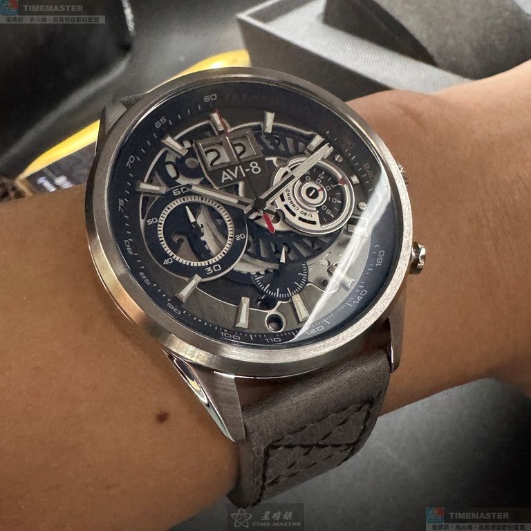 [星晴錶業]新品牌手錶,46mm,AV52664寶藍色機械鏤空錶面銀錶殼深灰真皮皮革錶帶款, , large