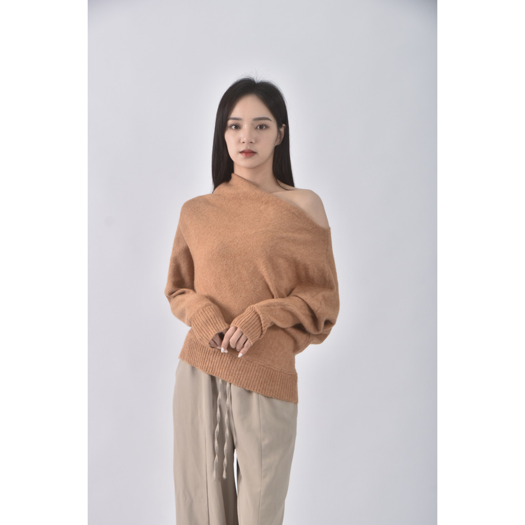 (XL) sister market韓牌斜肩棕色長袖上衣二手衣, , large