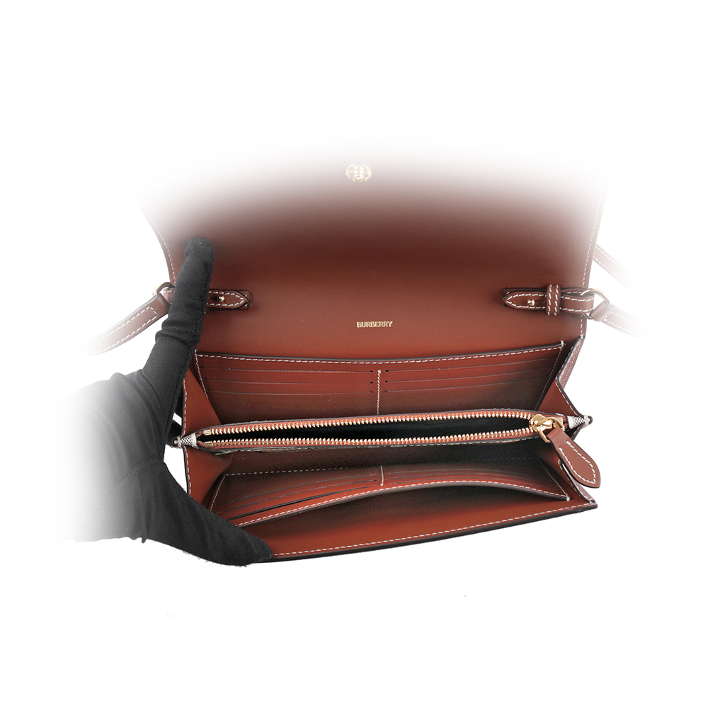 BURBERRY 經典格紋拼牛皮皮夾式斜背包/經典米色/焦糖色, , large