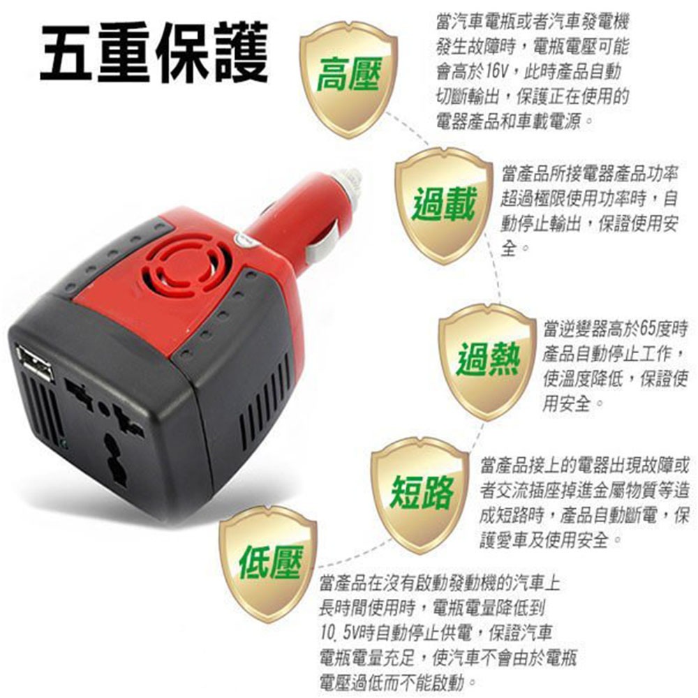 車用插座150W變壓器12v轉110v-USB2.1黑邊, , large