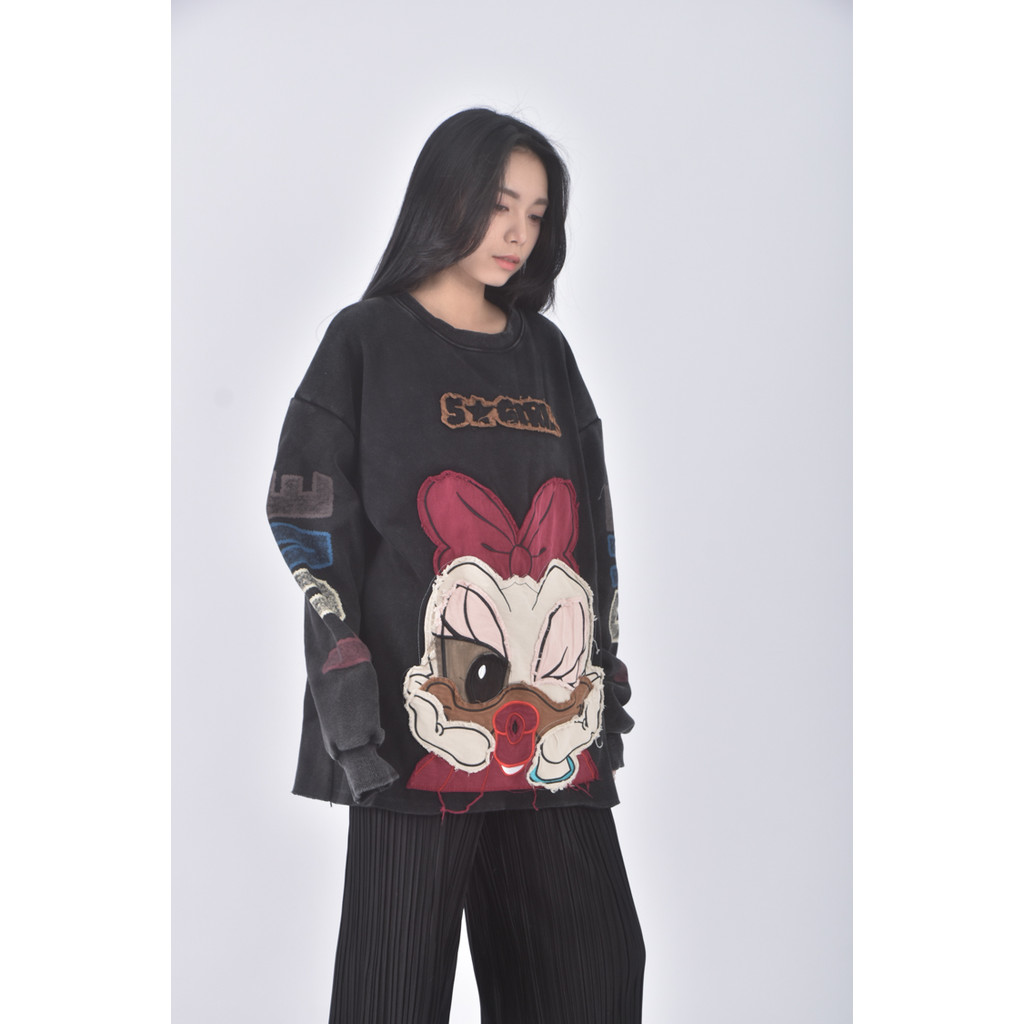 (F) qq style質感卡通頭黑色長袖上衣二手衣, , large