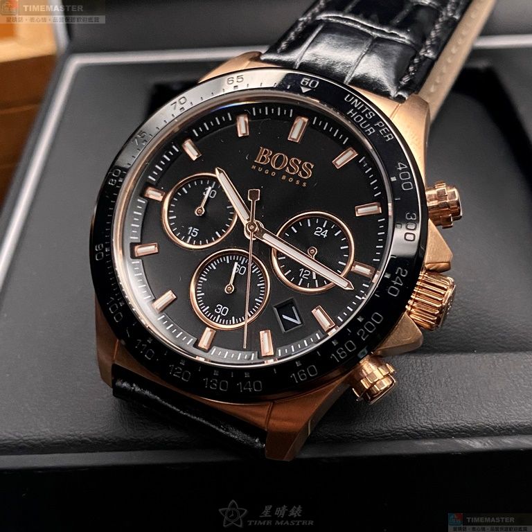 [星晴錶業]BOSS手錶,44mm,HB1513753黑色錶面玫瑰金錶殼深黑色真皮皮革錶帶款, , large