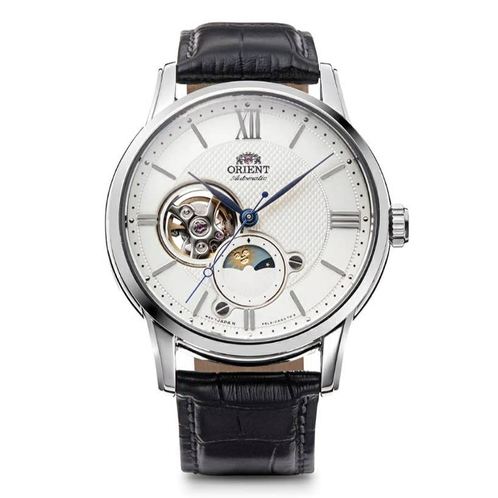 ORIENT 東方錶 Sun & Moon 系列 小鏤空日月相機械錶-銀x黑/42mm RA-AS0011S, , large