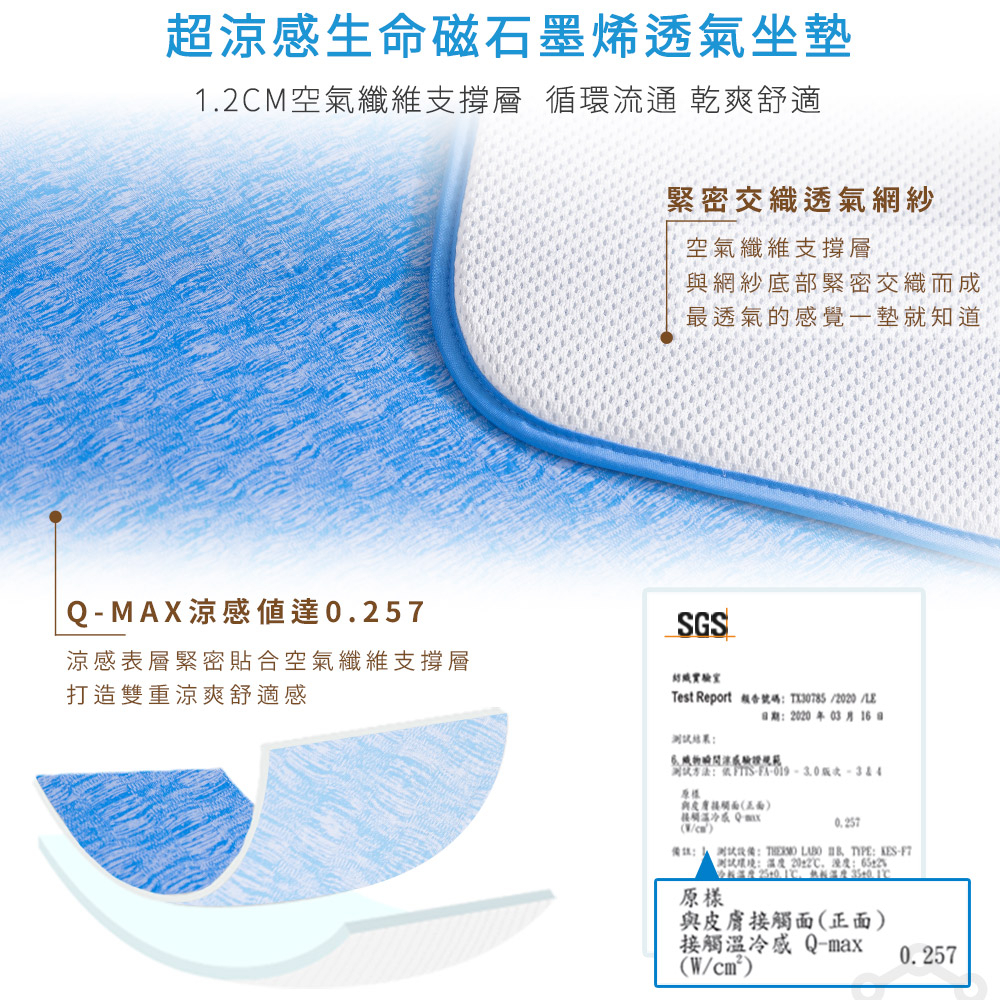【日本旭川】AIRFit氧活力涼感石墨烯空氣坐墊1.2cm 涼坐墊 透氣可水洗 生命磁 沙發座墊 辦公電腦椅 低溫傳導, , large