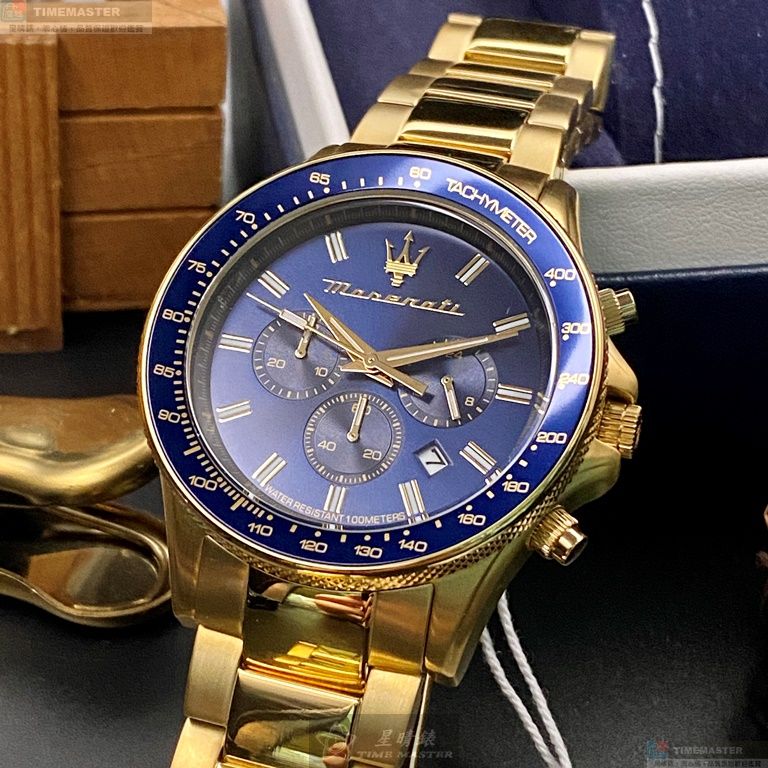 [星晴錶業]MASERATI手錶,44mm,R8873640008寶藍色錶面寶藍錶殼金色精鋼錶帶款, , large