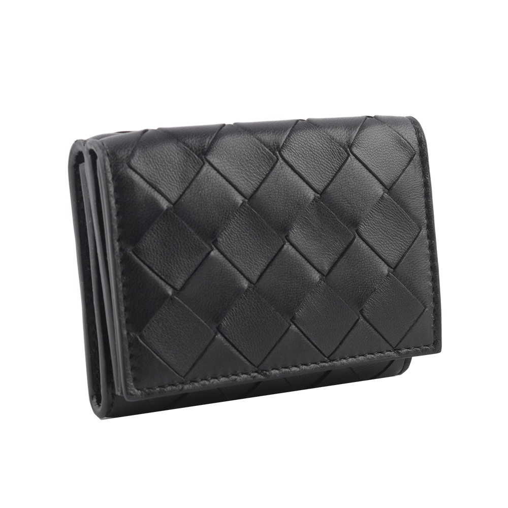 BOTTEGA VENETA 經典小羊皮及小牛皮編織迷你雙釦三折短夾/黑色, , large