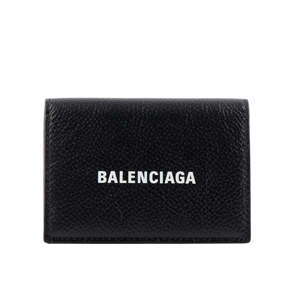 BALENCIAGA 經典LOGO 粒紋牛皮雙釦迷你三折短夾/黑色, , large