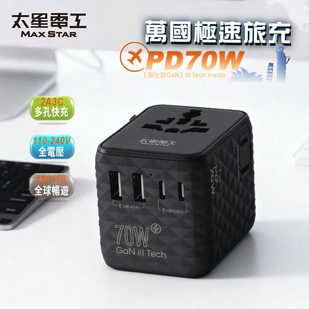 【太星電工】氮化鎵PD70W高速快充旅行轉接座｜多口充電器｜萬國插頭｜出國旅遊｜全球適用 AA306
