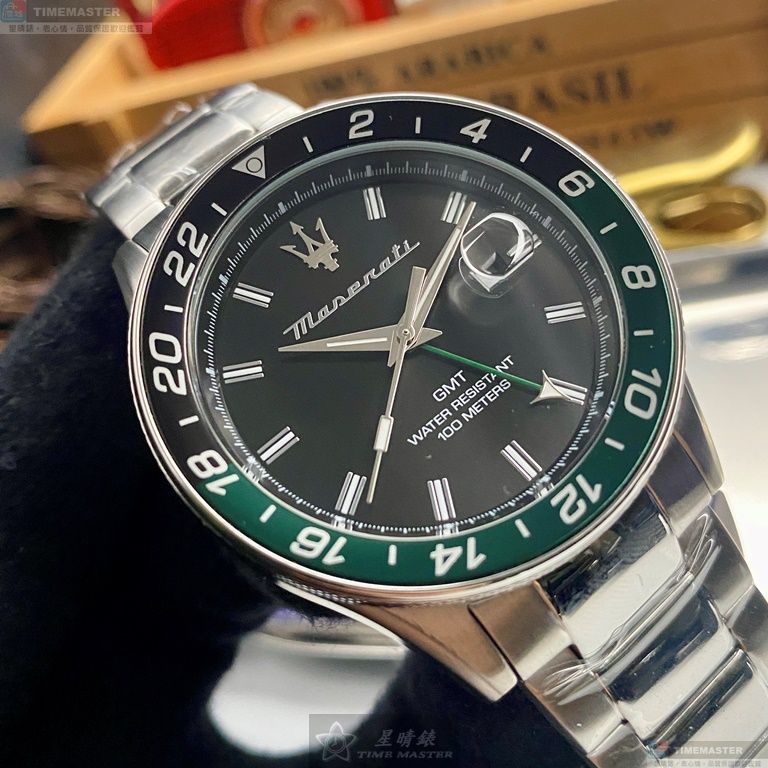 [星晴錶業]MASERATI手錶,44mm,R8853140005黑色錶面墨綠黑錶殼銀色精鋼錶帶款, , large