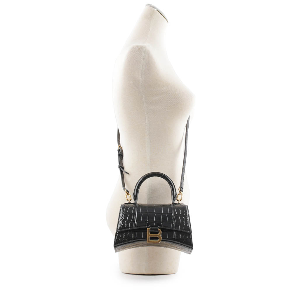BALENCIAGA Hourglass 金釦壓鱷魚紋牛皮二用沙漏包/XS/黑色, , large