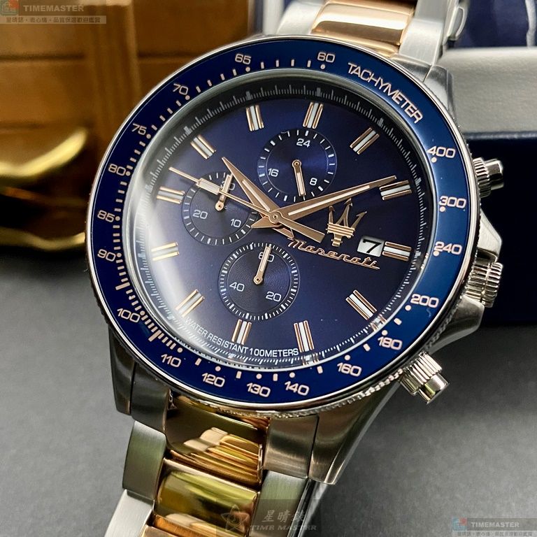 [星晴錶業]MASERATI手錶,44mm,R8873640012寶藍色錶面寶藍錶殼金銀相間精鋼錶帶款, , large