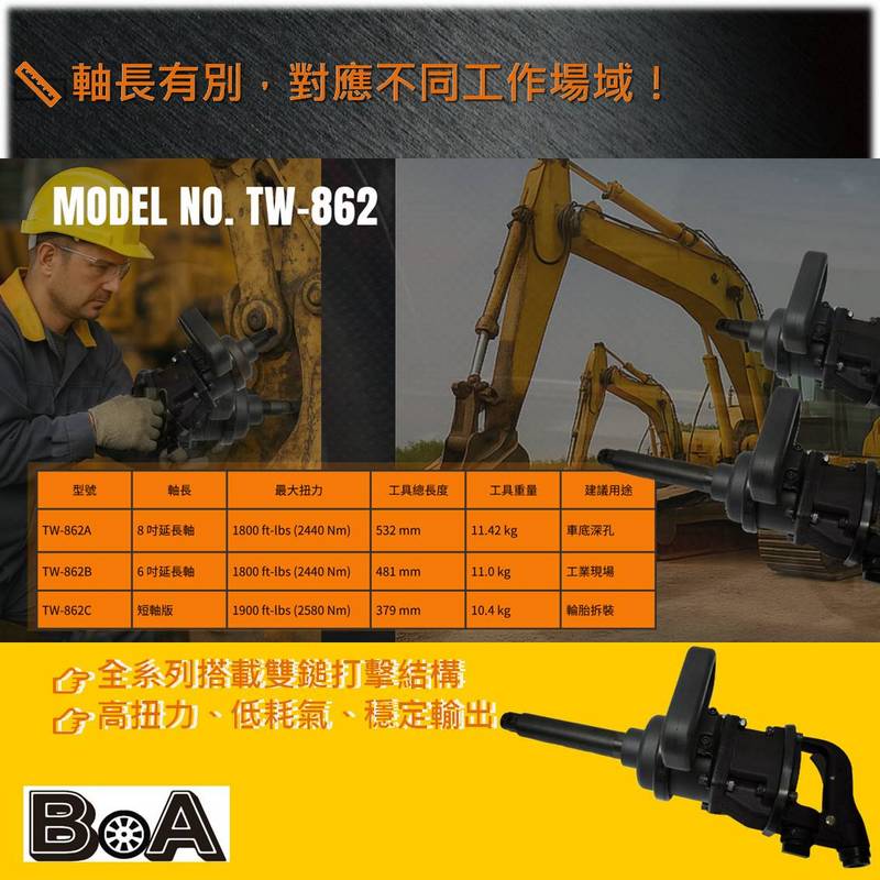 【BOA】1吋氣動衝擊扳手 工業用雙鎚風炮｜TW-862B 延長軸款｜重型卡車/維修保養專用工具, , large