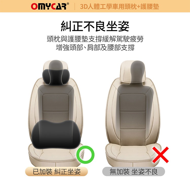 【OMyCar】3D人體工學車用紓壓組合 (車用頭枕+車用腰靠枕), , large