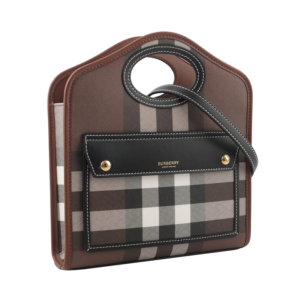 BURBERRY 格紋拼皮革手提/斜背口袋包(Mini)/暗樺木棕色, , large