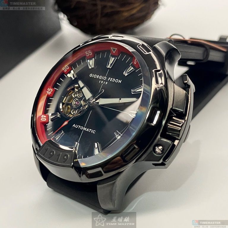 [星晴錶業]GiorgioFedon1919手錶,46mm,GF00123黑色雙面機械鏤空錶面黑錶殼深黑色矽膠錶帶款, , large