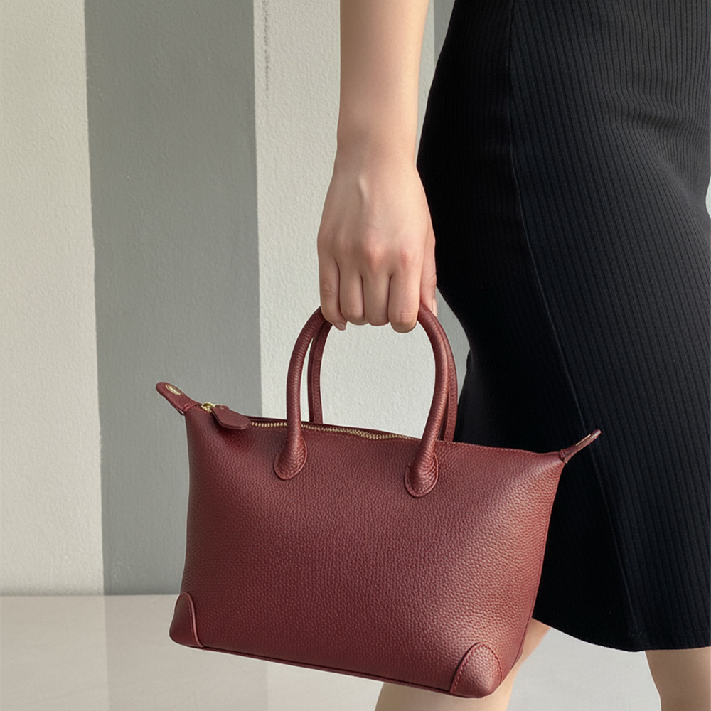 SPRING-時尚經典真皮頭層牛皮荔枝紋肩背包 牛皮通勤手提包-多色(4-32034-00), 黑色, large