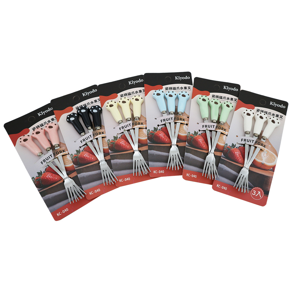 KIYODO瓷柄貓爪水果叉-3入x3組, , large