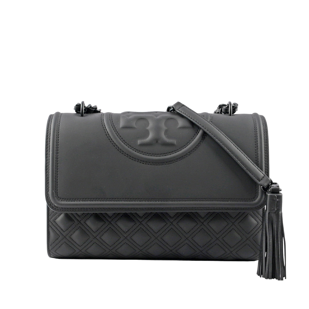 TORY BURCH Fleming Matte 縫線翻蓋流蘇二用包/黑色