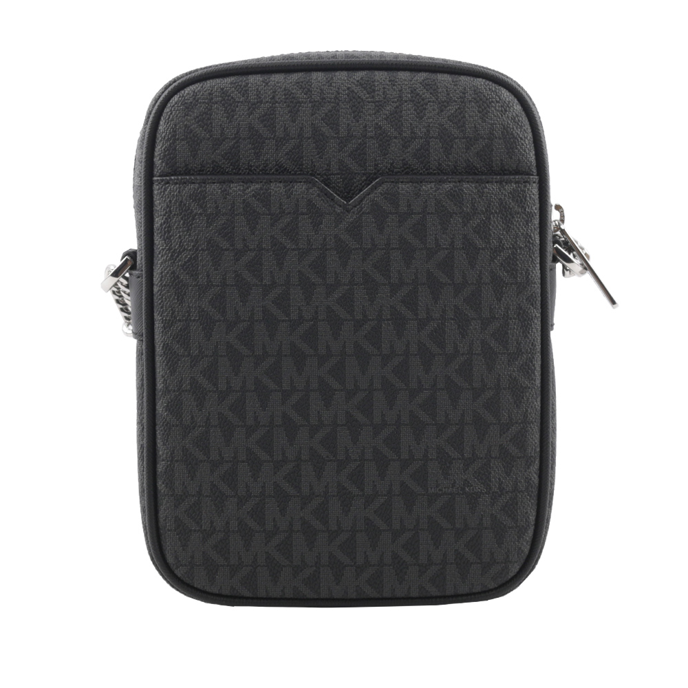 Michael Kors 銀字滿版塗層帆布拉鍊中款直式斜背包/黑色, , large