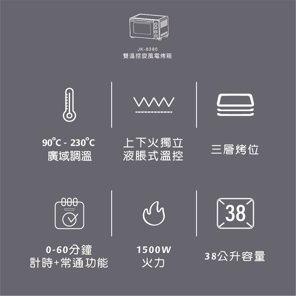JINKON 晶工牌 38L雙溫控旋風電烤箱 JK-8380, , large