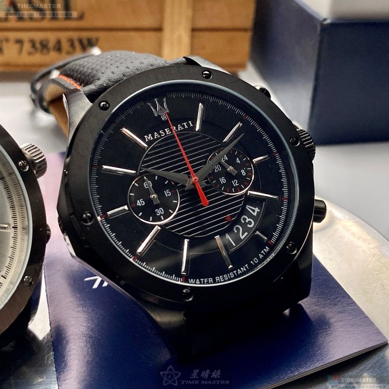 [星晴錶業]MASERATI手錶,46mm,R8871627004黑色錶面黑錶殼黑紅色真皮皮革錶帶款, , large