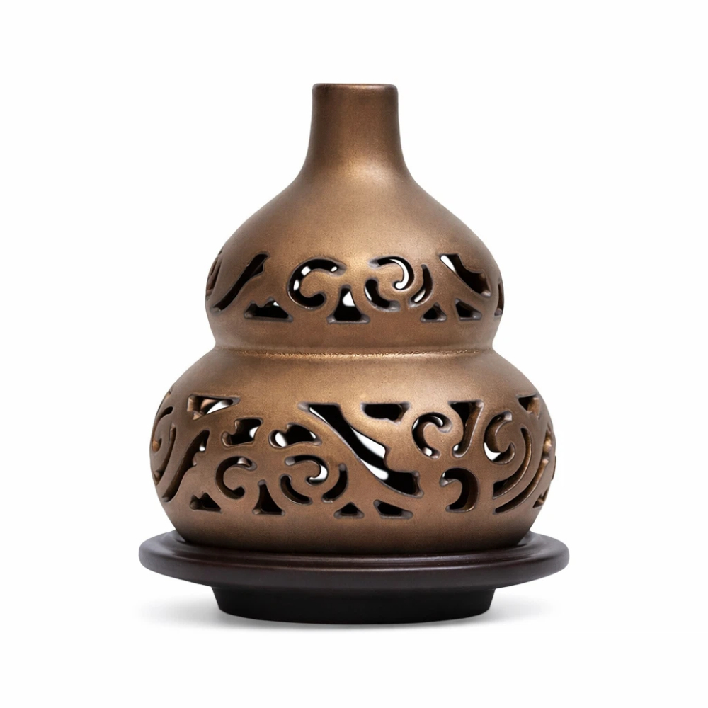 【A&R】招財開運 鏤空福祿鎏金香薰爐 附葫蘆香插, , large