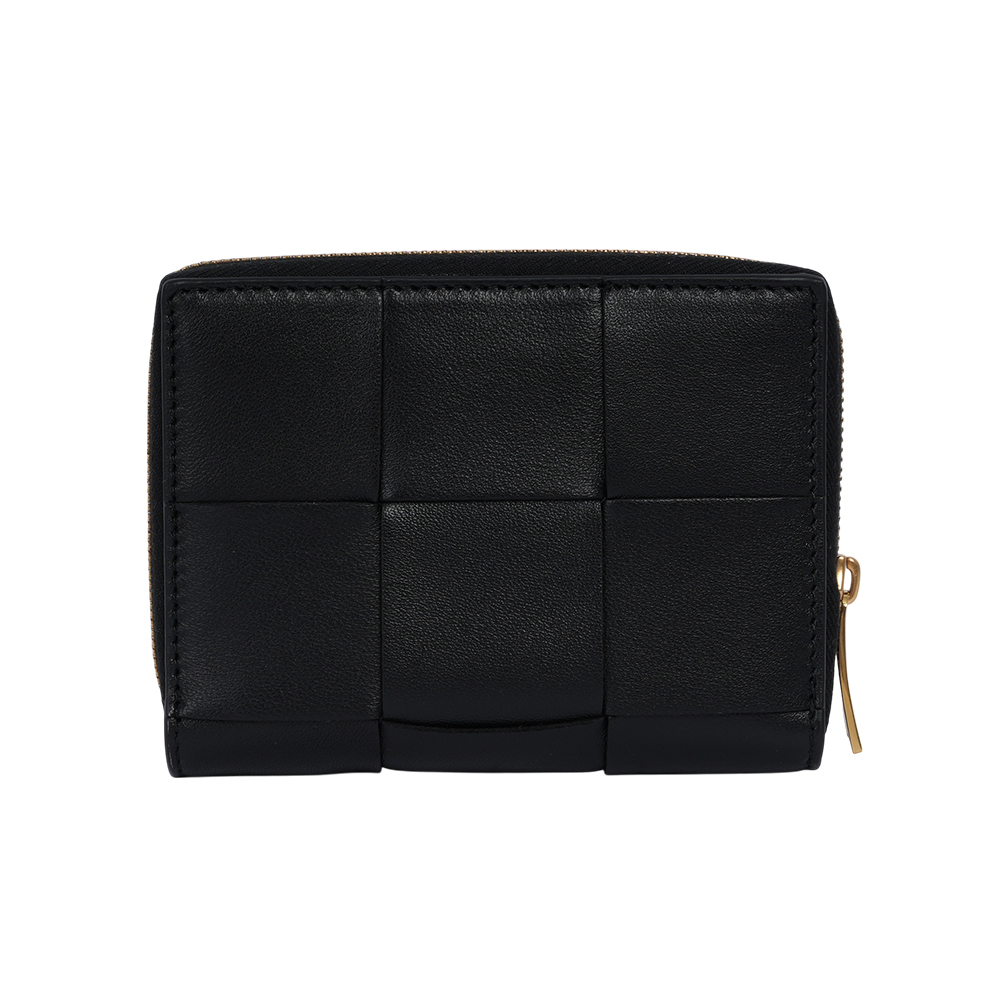 BOTTEGA VENETA 新款大格小羊皮及小牛皮編織拉鍊短夾/黑色, , large