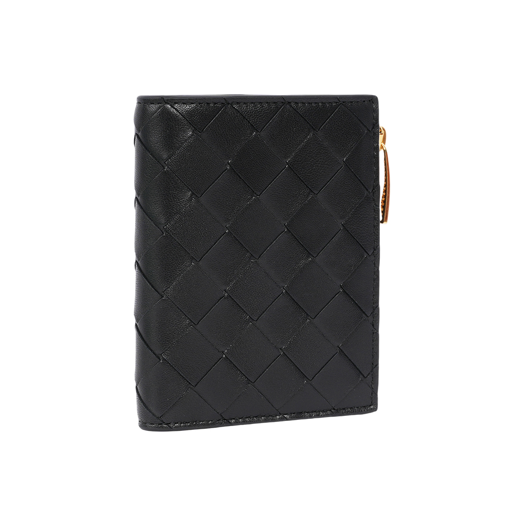 BOTTEGA VENETA 小羊皮及小牛皮編織暗釦式二折短夾/黑色, , large