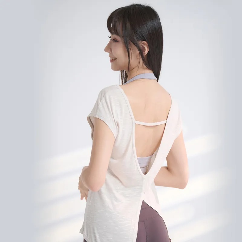 YOGA FLOW Back Tie Tshirt - 短袖美背綁帶開叉兩穿罩衫 - 蕎麥, , large