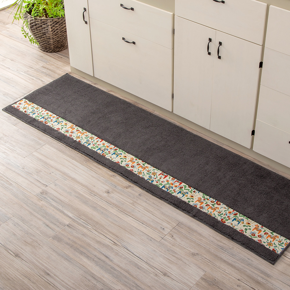 【HASHIZUME】Japan-Made Antibacterial & Deodorant Kitchen Mat 50×150cm – Dark Gray (Nordic-Style Lucky Horse / Non-Slip Design / Machine-Washable), , large