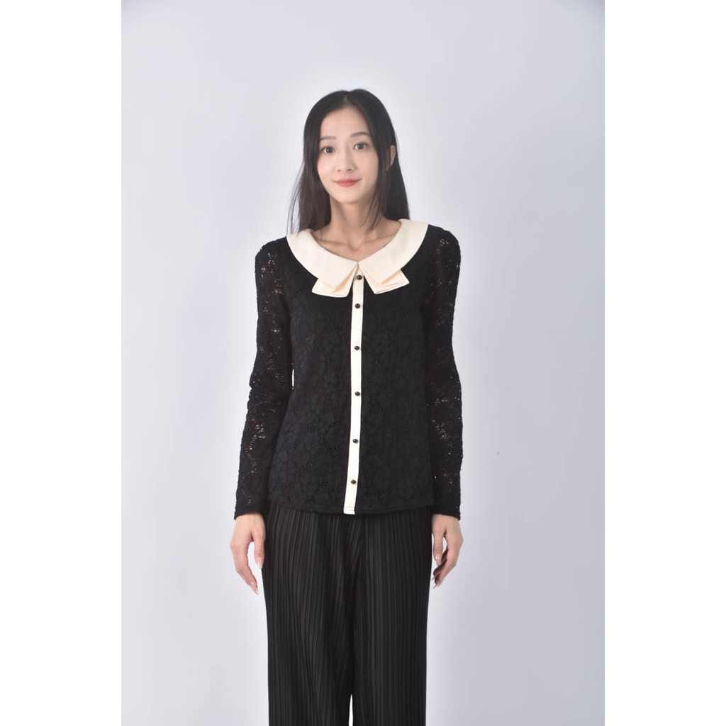 (S) 【又又私服】inventor質感蕾絲圓領黑色長袖上衣二手衣