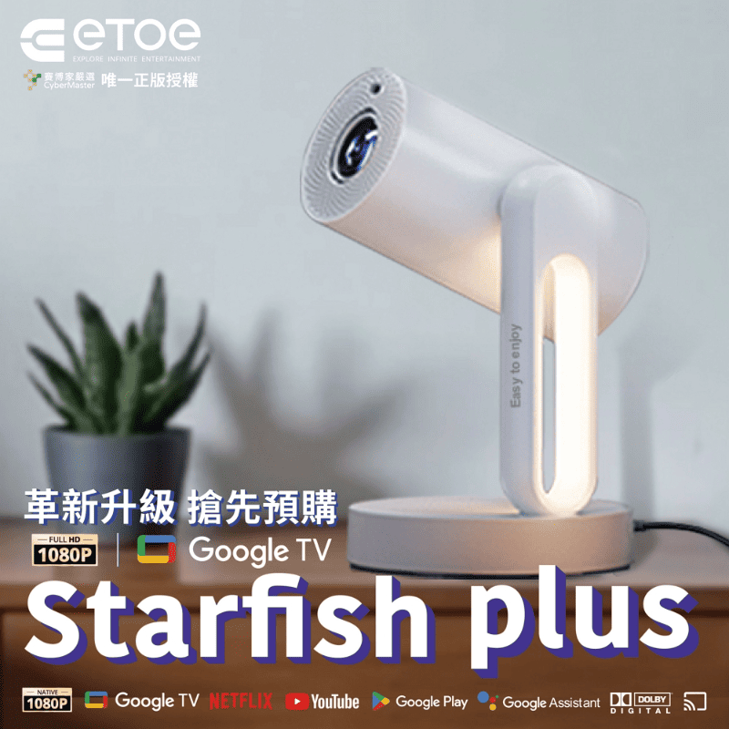 【ETOE】Starfish Plus Projector upgrade with 1080P FHD, 140° Rotation, Google TV and Netflix certified, 4K Support, TV Projector with Automatic Keystone, Chromecast Built in, 5G Wi-Fi, , large