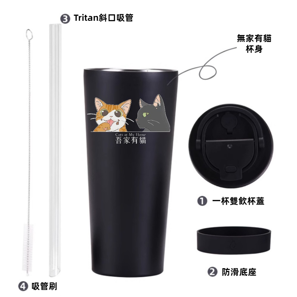 【吾家有貓】吾家有貓雙飲款陶瓷塗層珍珠奶茶吸管杯贈Tritan珍珠吸管 830ML-湖藍, , large