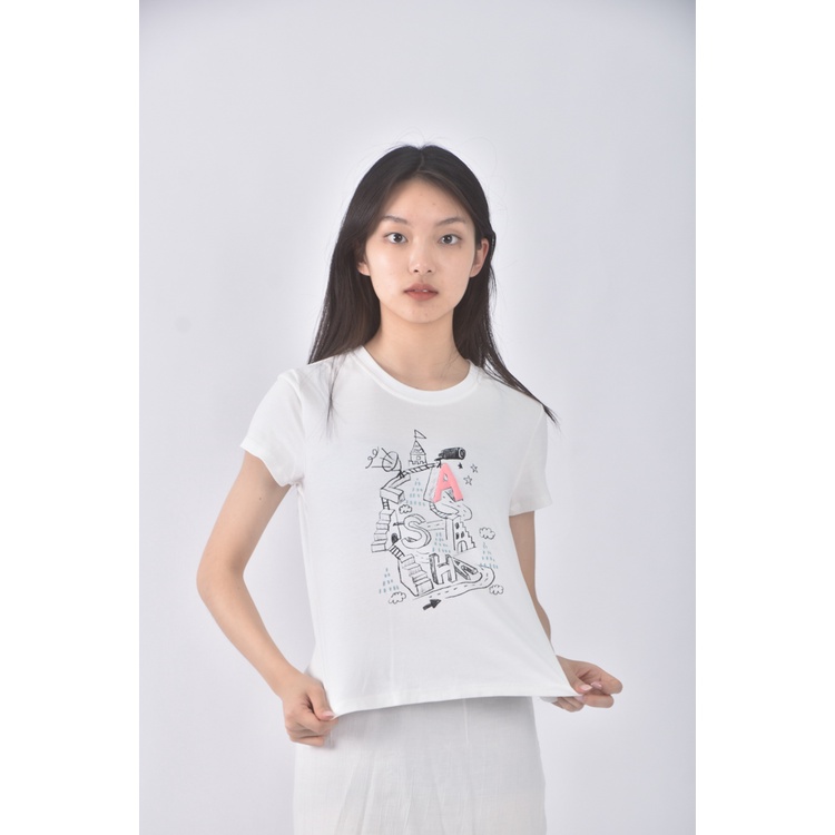 (S) a la sha質感印花白色短袖上衣二手衣, , large